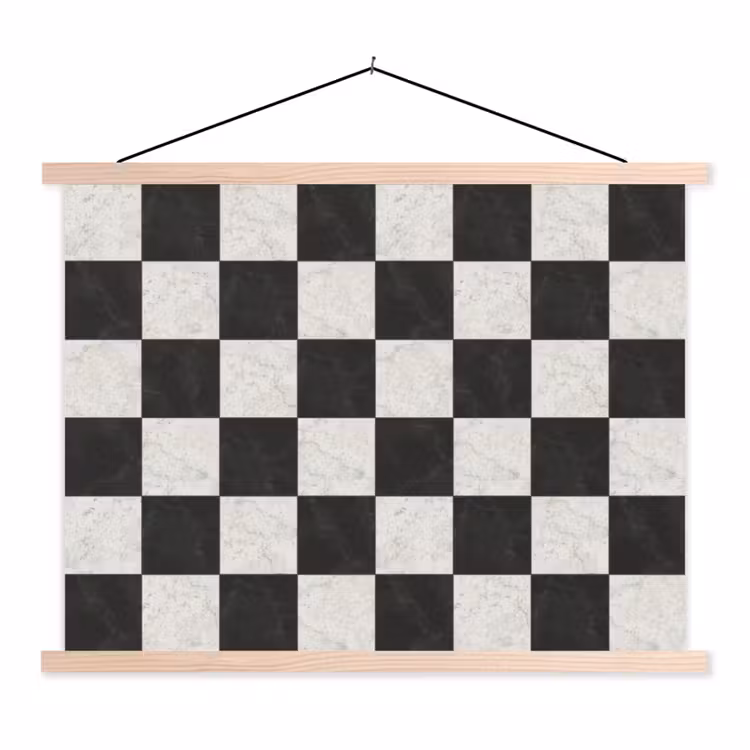 Dambord - Marmer - Zwart - Wit textielposter latten blank klein 122 -3d