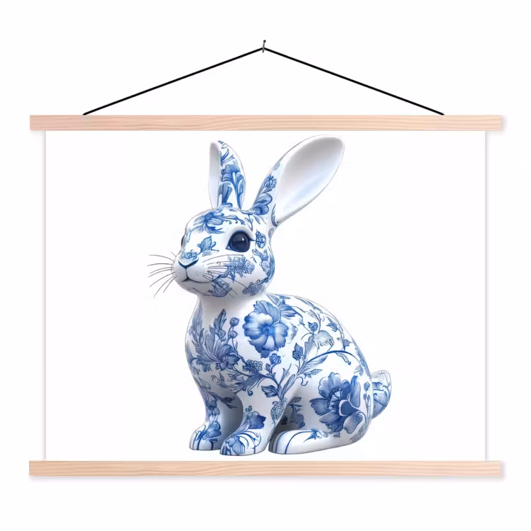 Delftsblauw - Haasje - Wit textielposter latten blank klein -3d