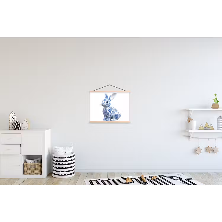 Delftsblauw - Haasje - Wit textielposter latten blank klein -kinderkamer