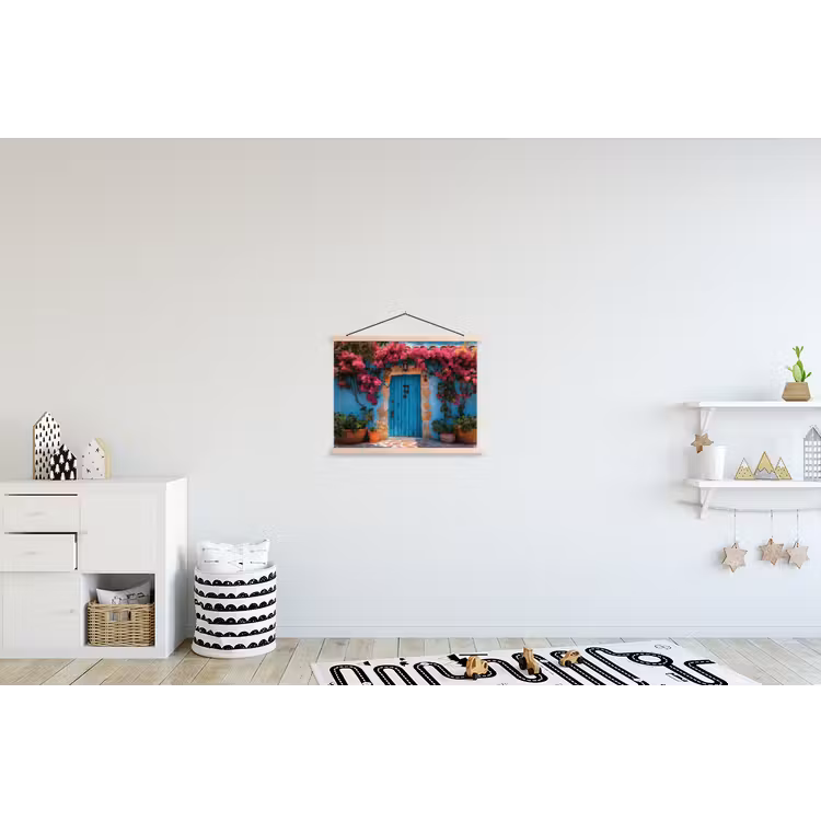 Deur - Hout - Bloemen - Blauw textielposter latten blank klein -kinderkamer