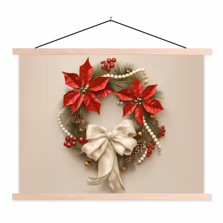 Deurkrans - Strik - Kerst - Rood - Groen textielposter latten blank klein -3d