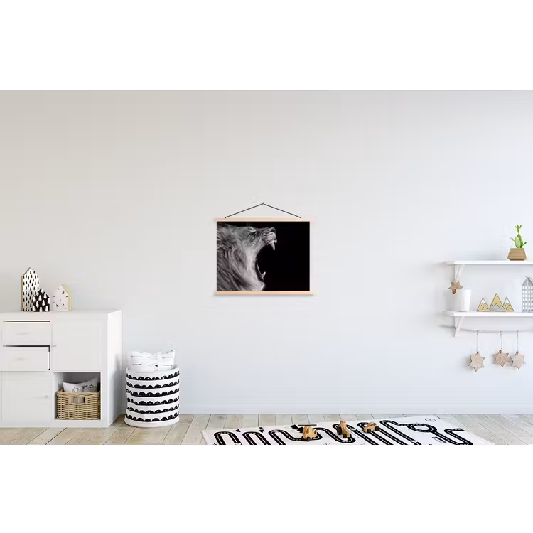 Dieren - Leeuw - Zwart - Wit - Portret textielposter latten blank klein -kinderkamer