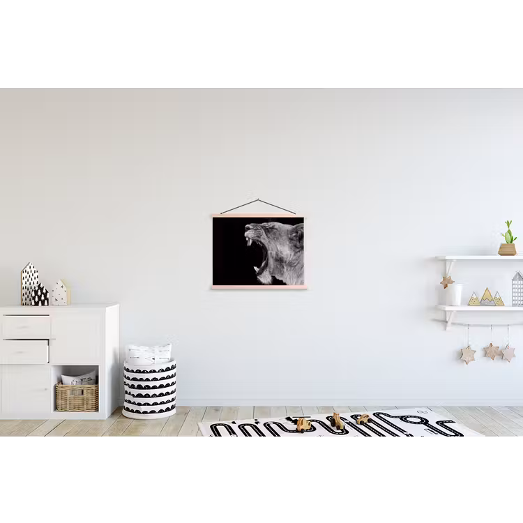 Dieren - Leeuw - Zwart - Wit - Portret textielposter latten blank klein -kinderkamer
