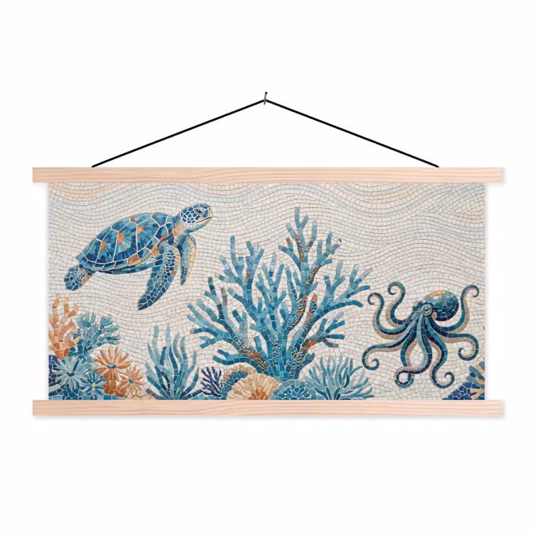 Dieren - Onderwater - Natuur - Mozaïek - Blauw textielposter latten blank klein -3d
