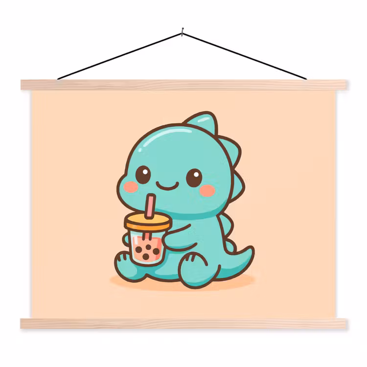 Dino - Boba - kawaii - Oranje textielposter latten blank klein -3d