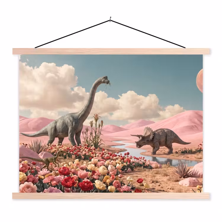 Schoolplaat - Dinosaurus - Roze - Landschap - Dinosaurus - Roze - Landschap textielposter latten blank klein