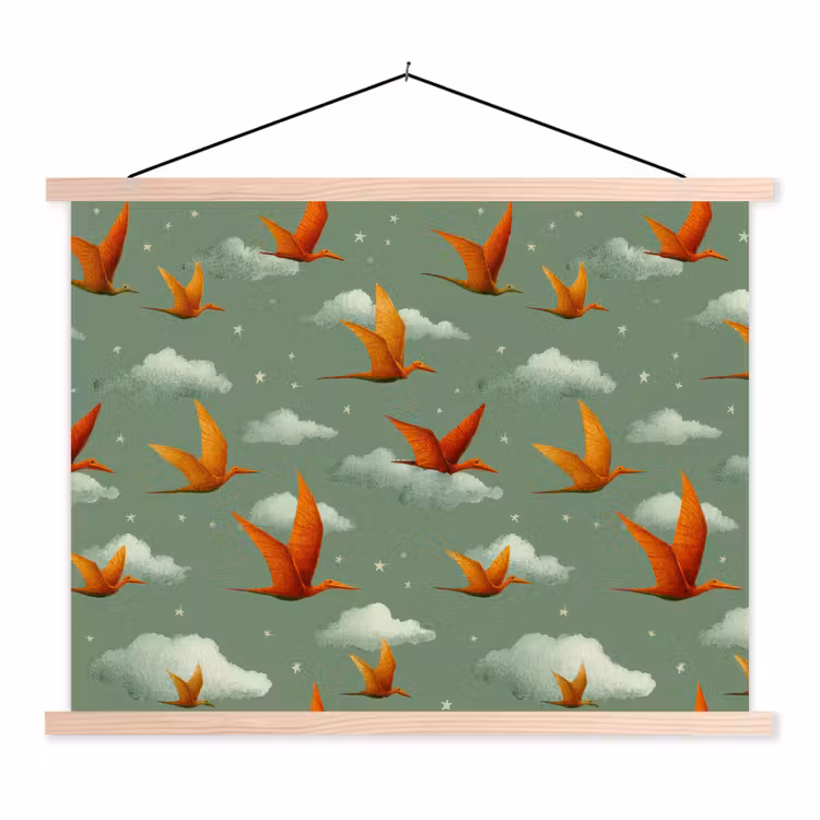 Dinosaurussen - Wolken - Sterren - Oranje textielposter latten blank klein -3d