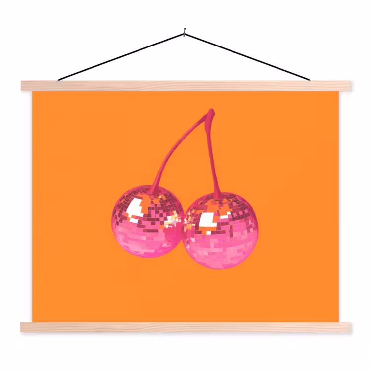 Discoballen - Kers - Spiegels - Roze textielposter latten blank klein -3d