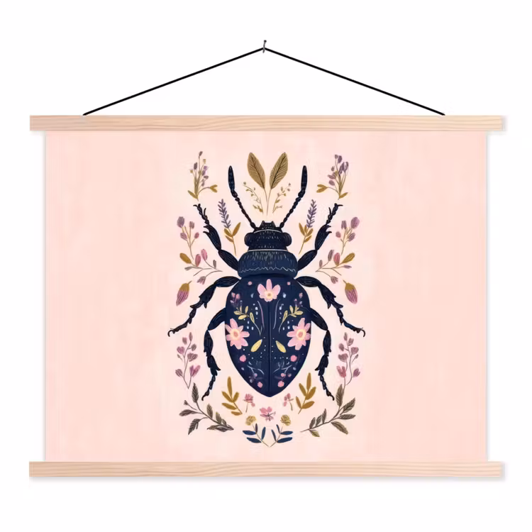 Donkerblauw - Kever - Bloemtakken - Sierlijk textielposter latten blank klein -3d