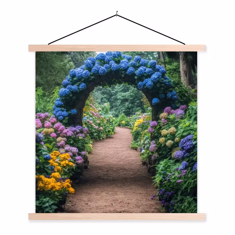 Doorkijk - Bloemen - Hortensia - Pad textielposter latten blank klein -3d