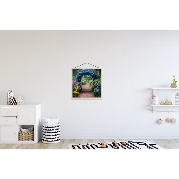 Doorkijk - Bloemen - Hortensia - Pad textielposter latten blank klein -kinderkamer