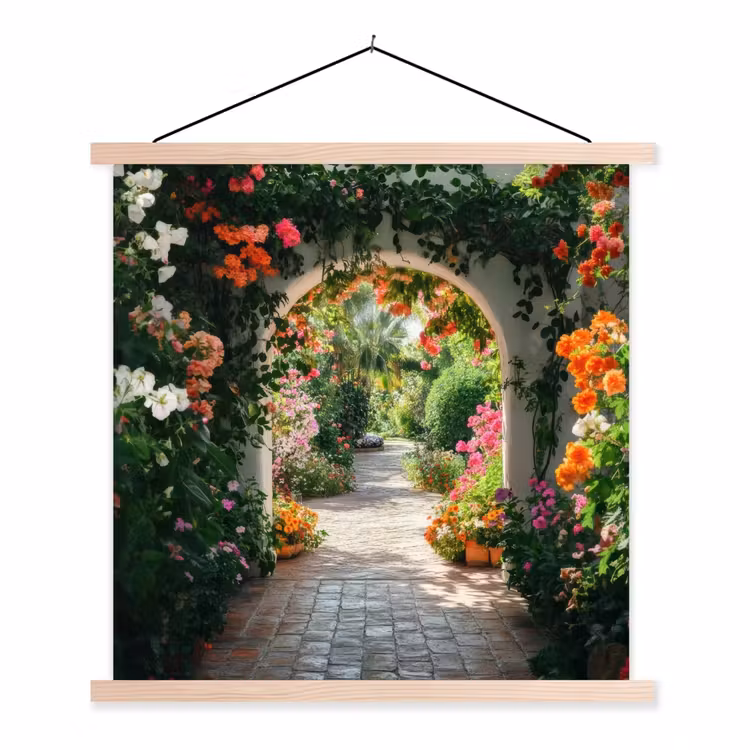 Doorkijk - Bloemen - Natuur - Bloementuin textielposter latten blank klein -3d