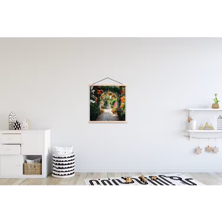 Doorkijk - Bloemen - Natuur - Bloementuin textielposter latten blank klein -kinderkamer