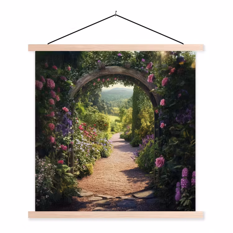 Doorkijk - Bloemen - Natuur - Rozenboog textielposter latten blank klein -3d