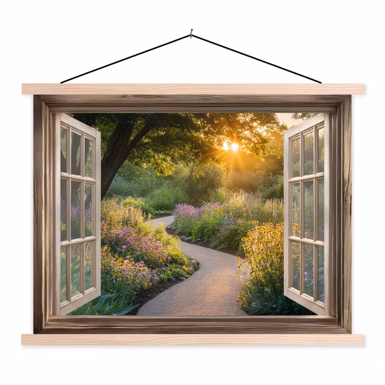 Doorkijk - Bloemen - Natuur - Zon - Pad textielposter latten blank klein -3d