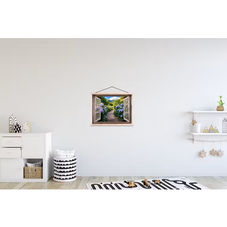 Doorkijk - Hortensia - Pad - Natuur textielposter latten blank klein -kinderkamer