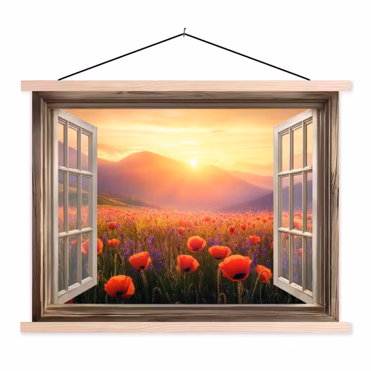 Doorkijk - Klaprozen - Bloemen - Rood - Open raam textielposter latten blank klein -3d