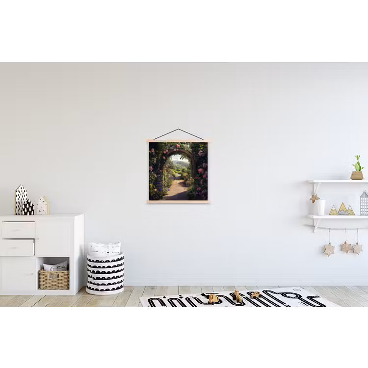 Doorkijk - Landschap - Bloemen - Rozenboog - Natuur textielposter latten blank klein -kinderkamer