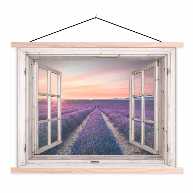 Doorkijk - Lavendel - Bloemen - Hout - Zonsondergang - Paars textielposter latten blank klein -3d