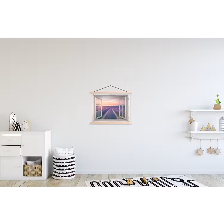 Doorkijk - Lavendel - Bloemen - Hout - Zonsondergang - Paars textielposter latten blank klein -kinderkamer