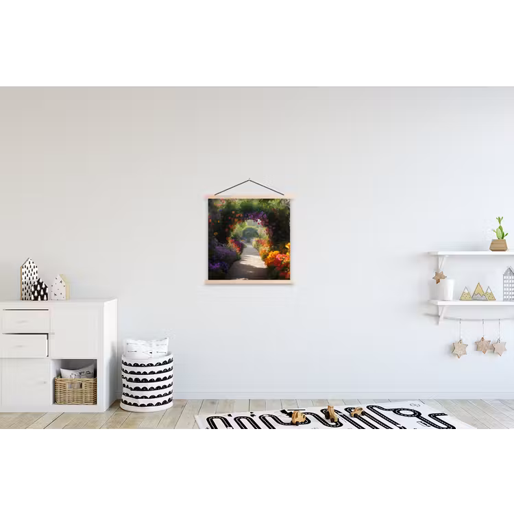 Doorkijk - Pad - Bloemen - Struik - Kleurrijk textielposter latten blank klein -kinderkamer