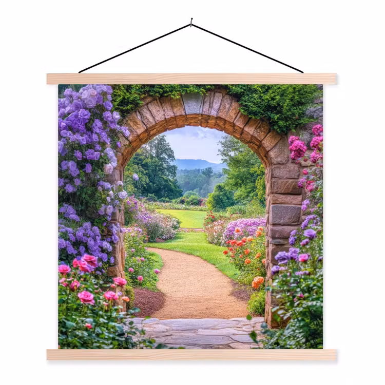 Doorkijk - Poort - Bloemen - Tuin textielposter latten blank klein -3d