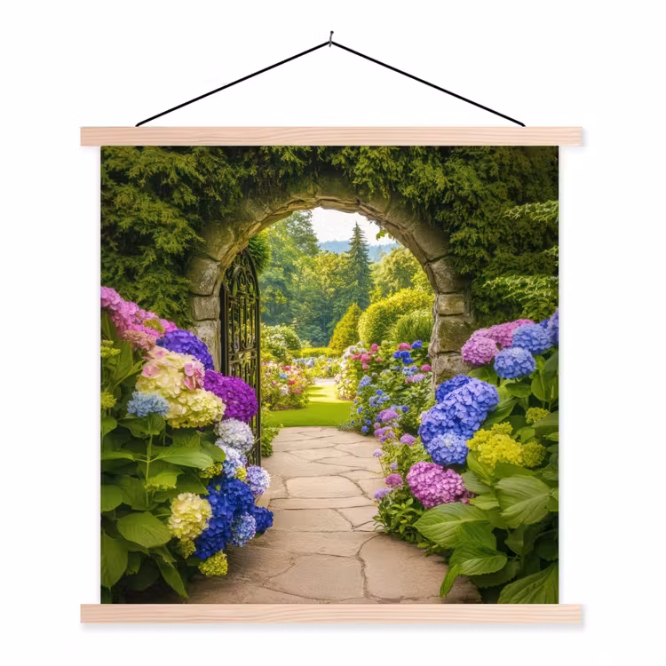 Doorkijk - Poort - Hortensia - Bloementuin textielposter latten blank klein -3d