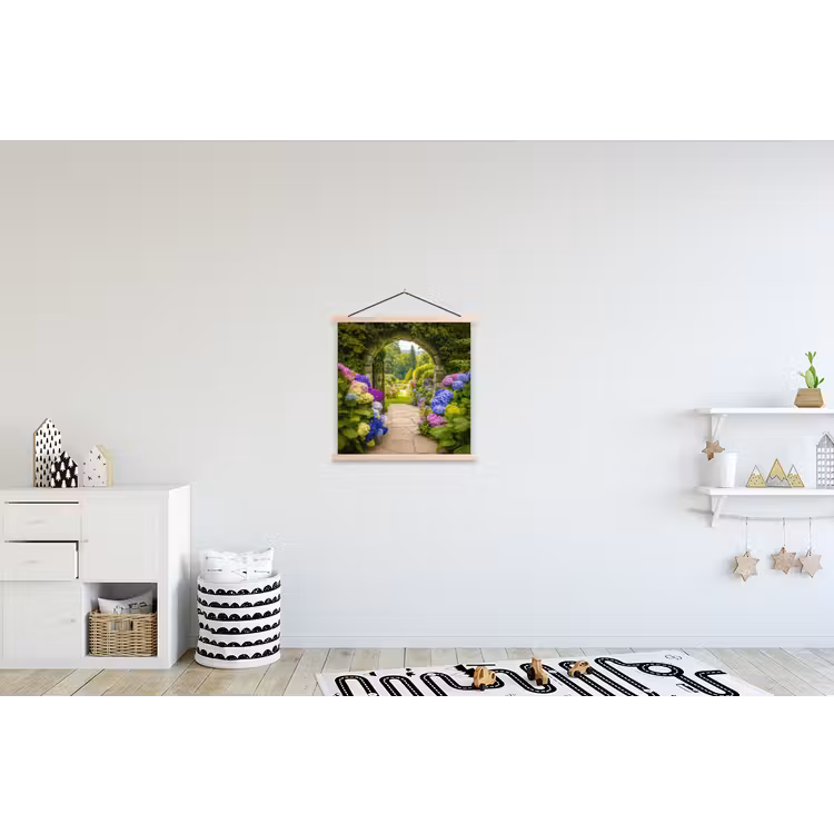 Doorkijk - Poort - Hortensia - Bloementuin textielposter latten blank klein -kinderkamer