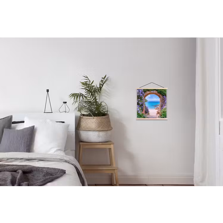Doorkijk - Poort - Zee - Strand - Rotsen textielposter latten blank klein -woonkamer
