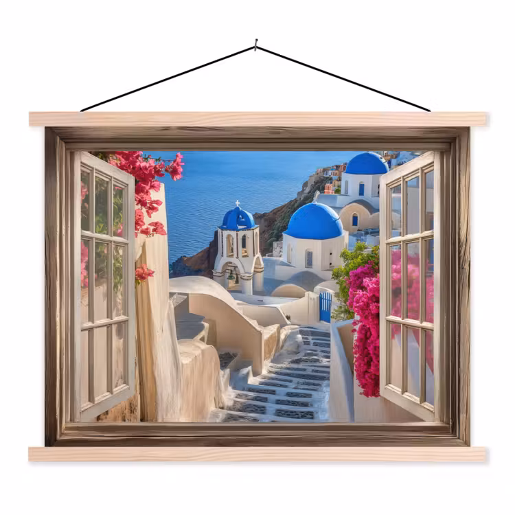 Doorkijk - Santorini - Landschap - Blauw - Grieks textielposter latten blank klein -3d