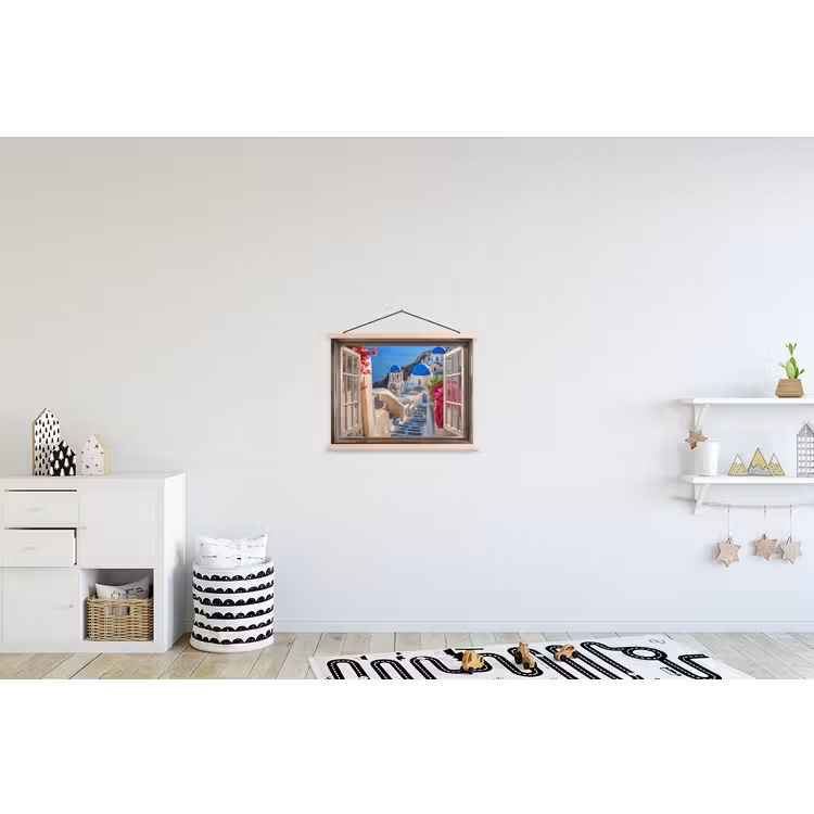 Doorkijk - Santorini - Landschap - Blauw - Grieks textielposter latten blank klein -kinderkamer