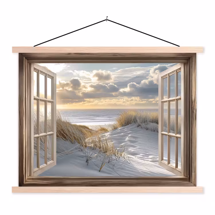 Doorkijk - Strand - Duinen - Zee - Natuur textielposter latten blank klein -3d