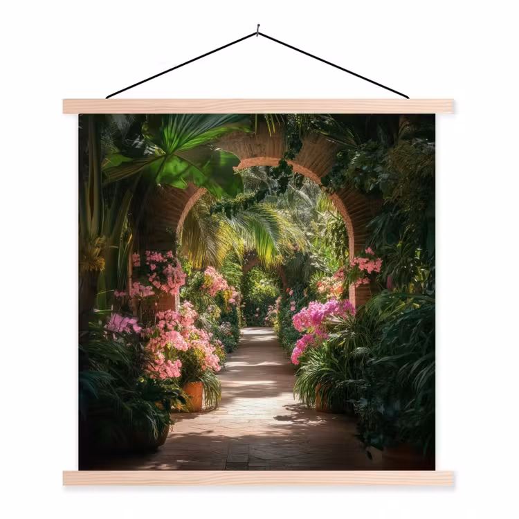Doorkijk - Tropisch - Bloemen - Natuur textielposter latten blank klein -3d