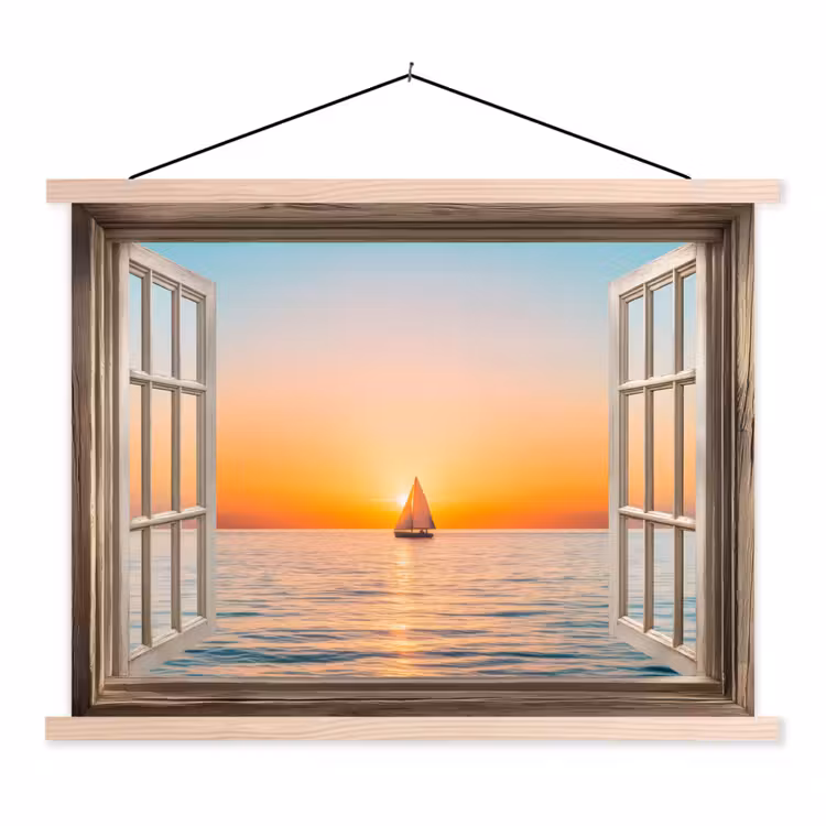 Doorkijk - Zee - Boot - Zonsondergang textielposter latten blank klein -3d