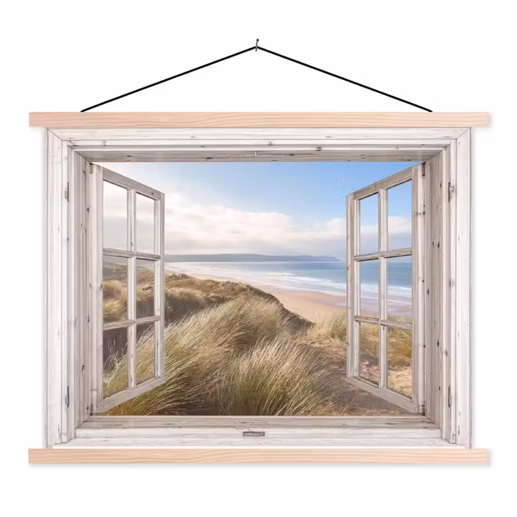 Doorkijk - Zee - Strand - Duinen textielposter latten blank klein -3d
