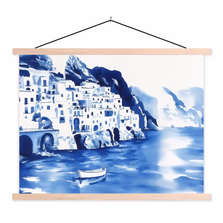 Dorp - Rotswand - Roeiboot - Water textielposter latten blank klein -3d