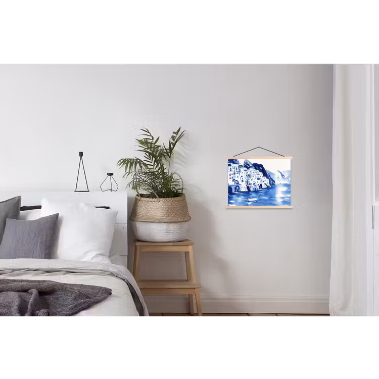 Dorp - Rotswand - Roeiboot - Water textielposter latten blank klein -woonkamer