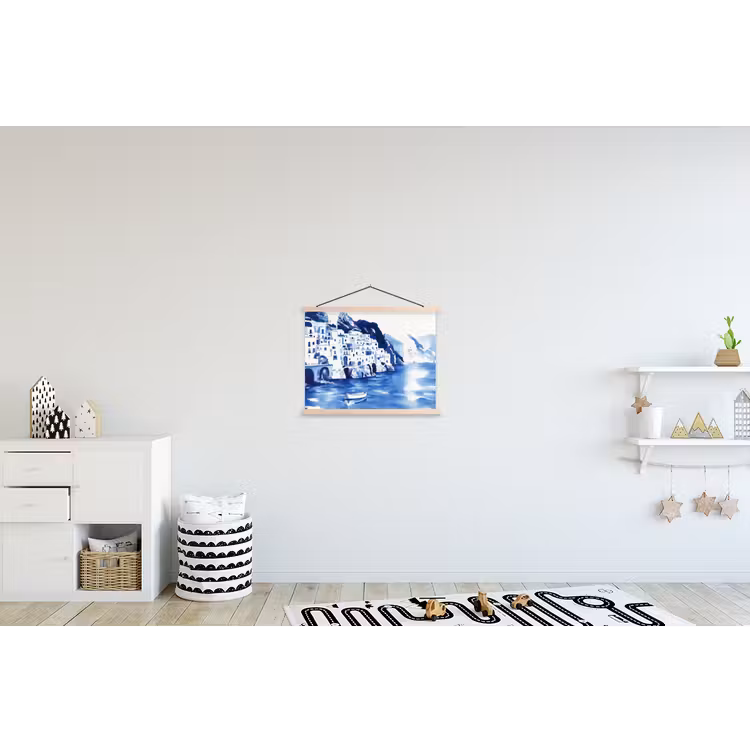 Dorp - Rotswand - Roeiboot - Water textielposter latten blank klein -kinderkamer