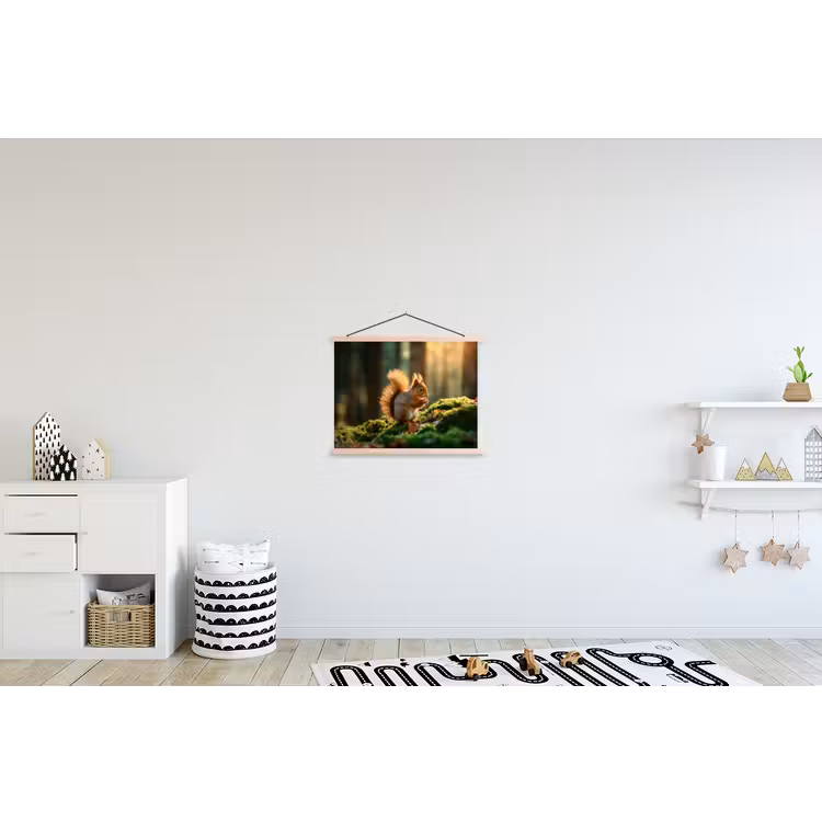 Eekhoorn - Nootje - Gras textielposter latten blank klein -kinderkamer