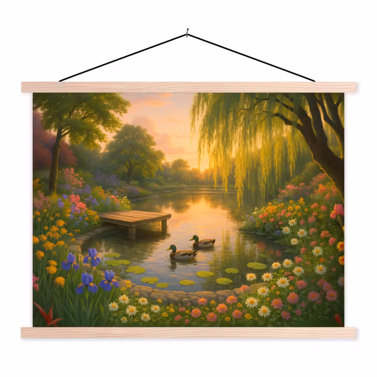 Eenden - Vijver - Bloemen textielposter latten blank klein -3d