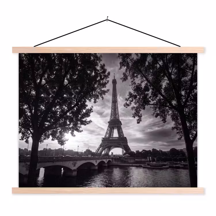 Eiffeltoren - Parijs - Rivier - Architectuur - Zwart-wit textielposter latten blank klein -3d