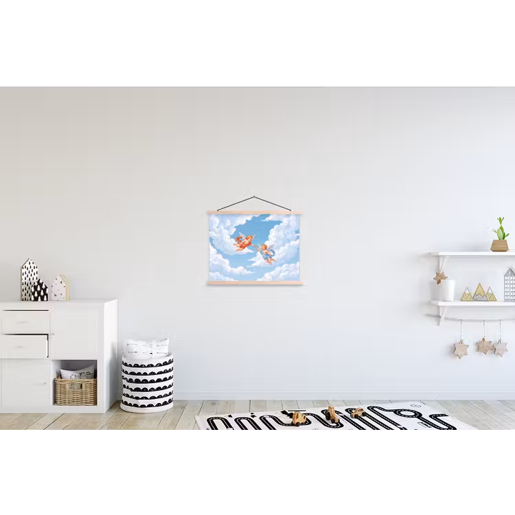 Engel - Vliegend - Klassiek - Blauw textielposter latten blank klein -kinderkamer