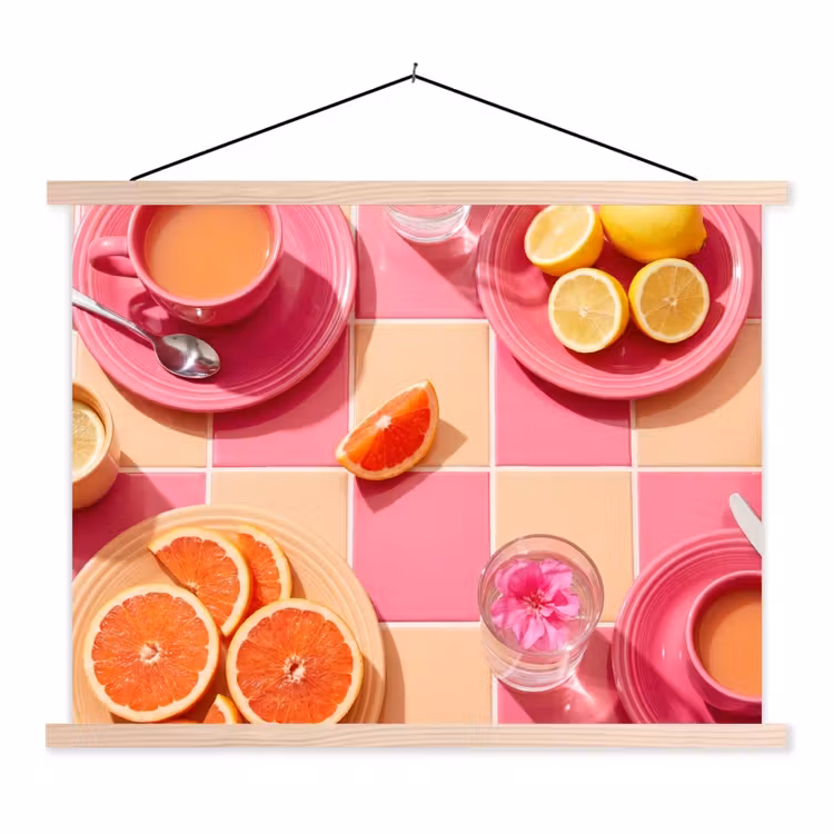 Eten - Citrusvruchten - Stillevens - Roze - Oranje textielposter latten blank klein -3d