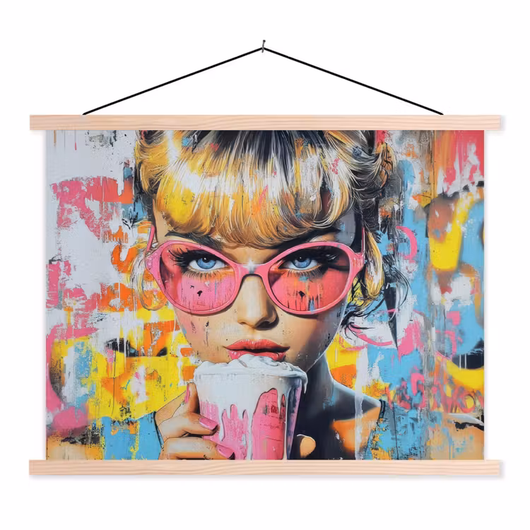 Expressief - Milkshake - Vrouw - Felle kleuren textielposter latten blank klein -3d
