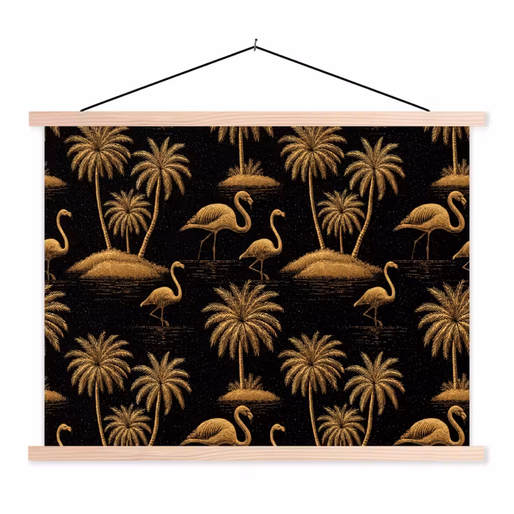 Flamingo - Palmbomen - Tropisch - Goud - Zwart textielposter latten blank klein 122 -3d