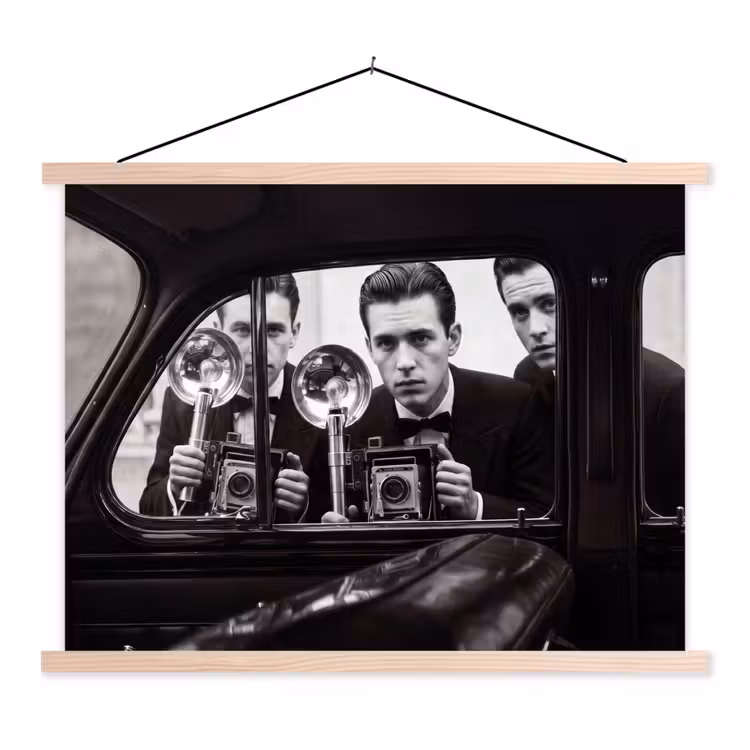 Fotograaf - Camera - Vintage - Journalistiek - Zwart-wit textielposter latten blank klein -3d