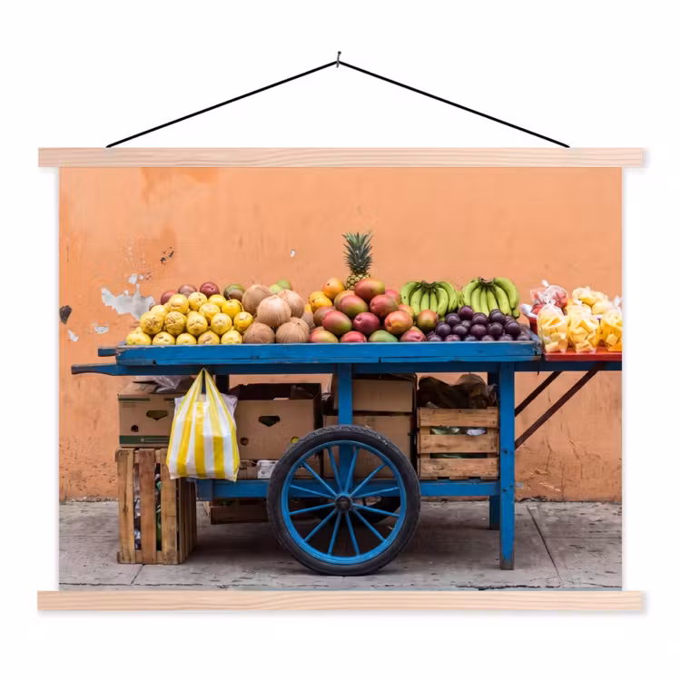 Schoolplaat - Fruit - Kar - Straat - Fruit - Kar - Straat textielposter latten blank klein