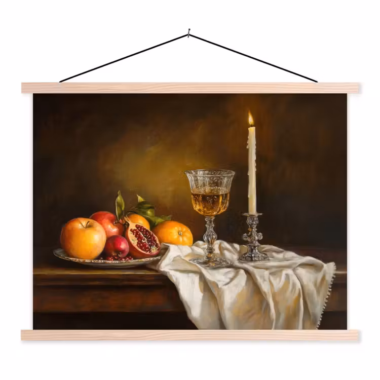 Fruit - Stilleven - Wijn - Kaars textielposter latten blank klein -3d