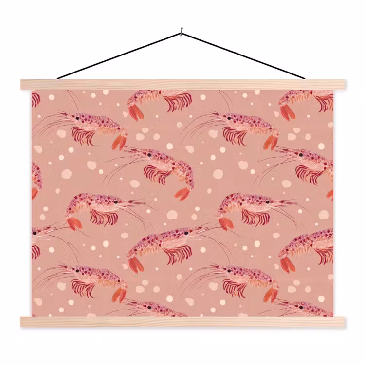 Garnalen - Stippen - Roze textielposter latten blank klein 122 -3d