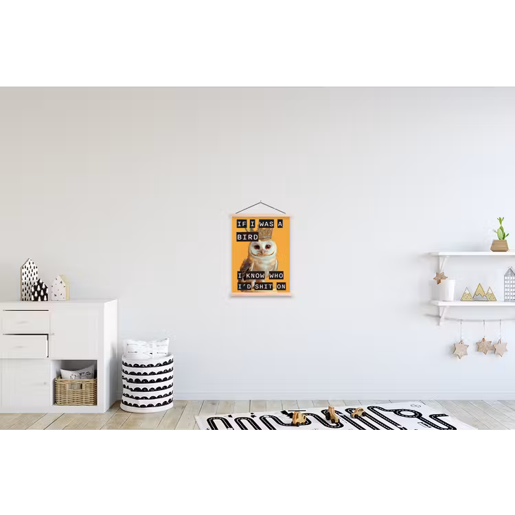 Geel - Uil - Vogel - Decoratie textielposter latten blank klein -kinderkamer